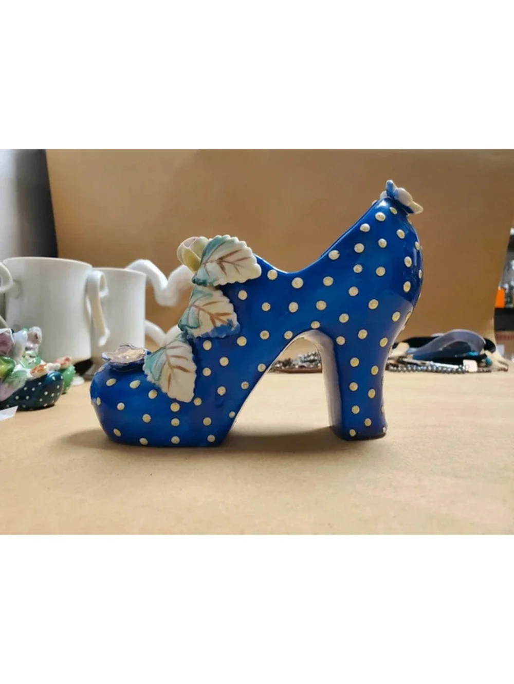 Vintage 1950s Blue Polka Dot Ceramic High Heel Shoe Figurine